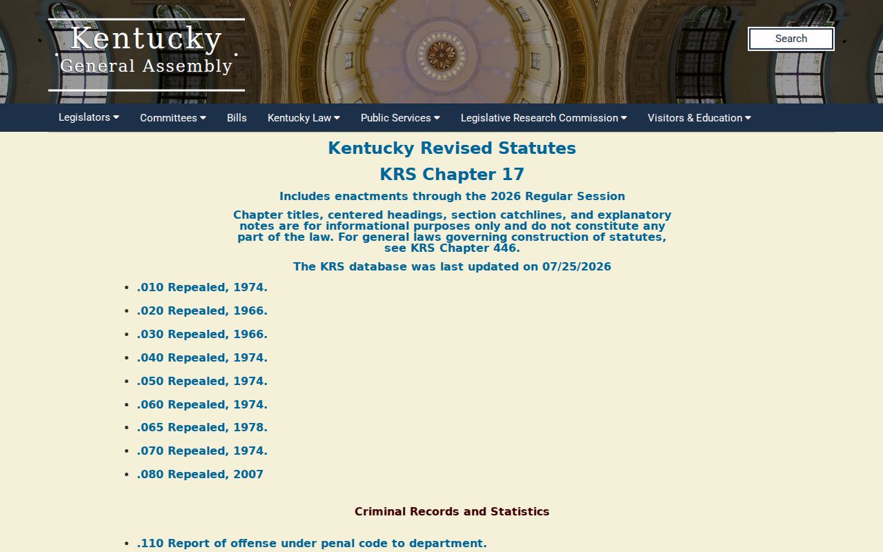 Leslie County sex offender registry law in Kentucky Revised Statutes Chapter 17