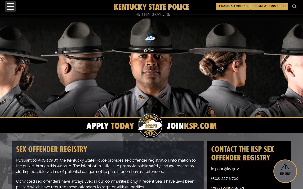 Leslie County sex offender check information on the Kentucky State Police registry page